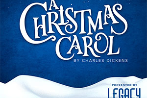 the words A Christmas Carol over a blue and white background