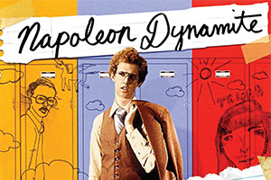 the character of Napoleon Dynamite in front of a colorful illustration of school lockers in the background